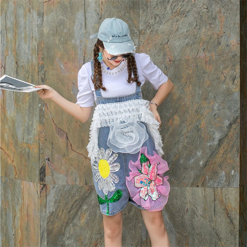 Summer New Contrasting Mesh Patchwork Sequin Suspender Pants 3D Flower High Waisted Overalls Shorts Trendy Women's Clothing