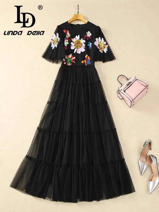 LD LINDA DELLA New 2024 Women Summer Fashion Runway Balck Party Dress Short Sleeve Flower Sequined Ladies Slim Long Dresses