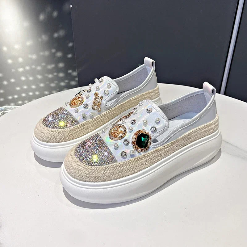 High Appearance Level Thick-soled Increase Breathable Slip-on Rhindiamond-pearl Fashion All Comfortable Non-slip Single Shoes