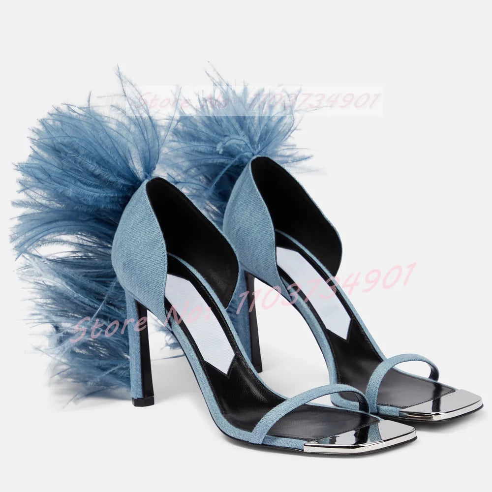 Back Furry Silver Toe Cover Heel Sandals Women Nightclub Toe Strap High Heels Shoes Lady Trendy Party Chic Punk Big Size Sandals