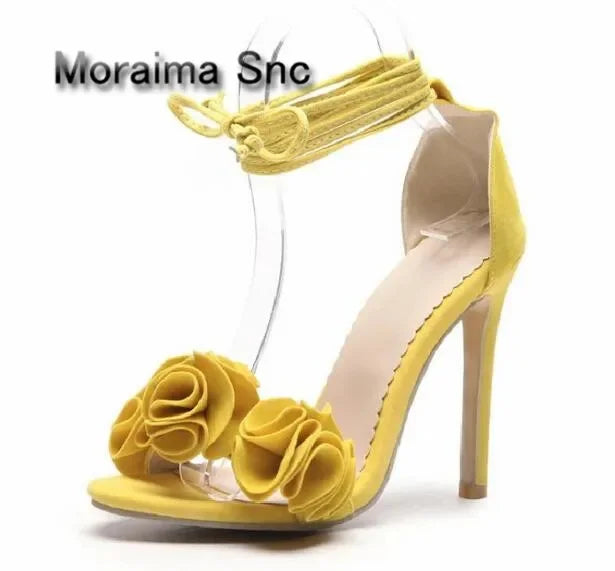 Moraima Snc Summer Women's Shoes Pink Yellow Dress Shoes Women Ruffles High Heels Sandals Women Size 44 Sapato Feminino