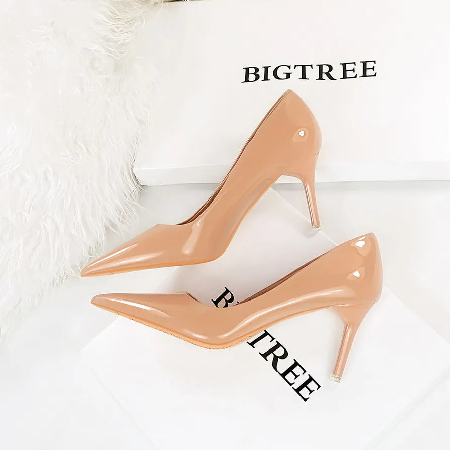 2024 Women Fetish 10.5cm High Heels Wedding Pumps Lady Pointed Toe Nude Brown Valentine Heels Scarpins Office Stripper Red Shoes