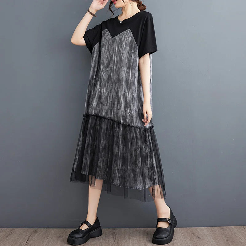 #6616 Black Tie Dye False Two Piece T Shirt Dress Spliced Mesh Vintage Dress Women Loose Streetwear Tshirt Dress Female Midi