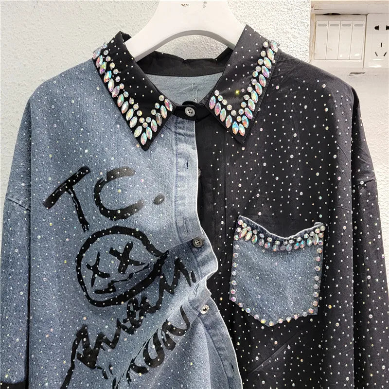 Fashion Colorblock Beaded Rhinestone Stitching Cowboy Black Blouse Women 2024 Spring New Loose Mid-Length Single-Brewed Shirt