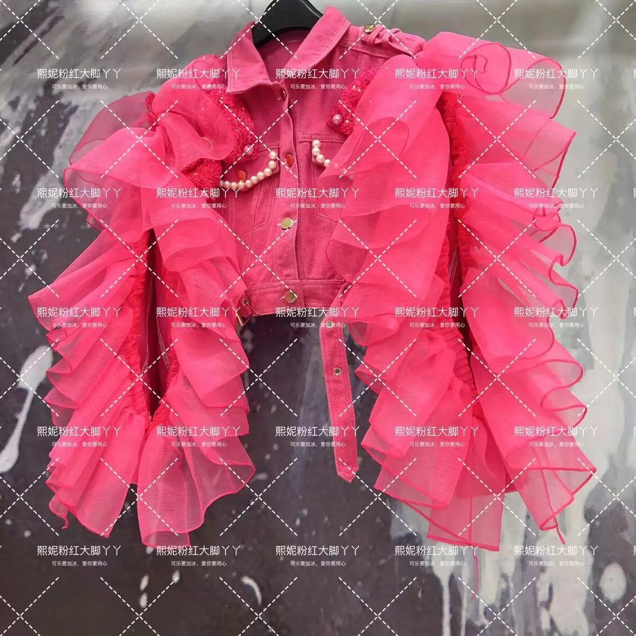 Chic Pearls Diamonds Beaded Denim Coat Mesh Splice Ruffles Sleeve Jeans Bomber Jacket 3D Bowtie Decor Gauze Ruched Cardigan Tops