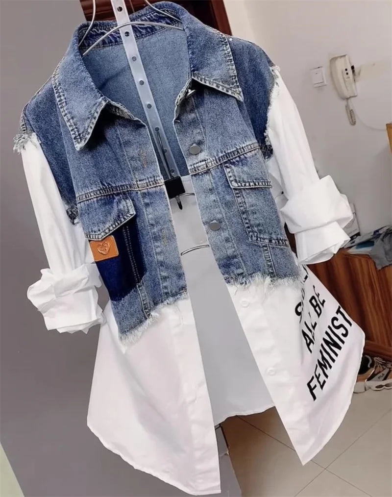 Spring/Summer 2024 New Fashion Striped Fake two Denim Shirts Women's Design Sense Stitching Women Jackets Temperament Coat Top