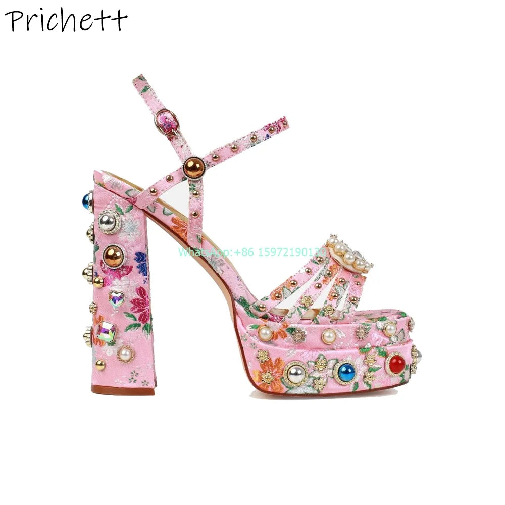 Retro Gorgeous Palace Style Sandals Rhinestone Pearl Flower Round Toe Chunky Heels Platform Shoes Ladies Vocation Luxury Shoes