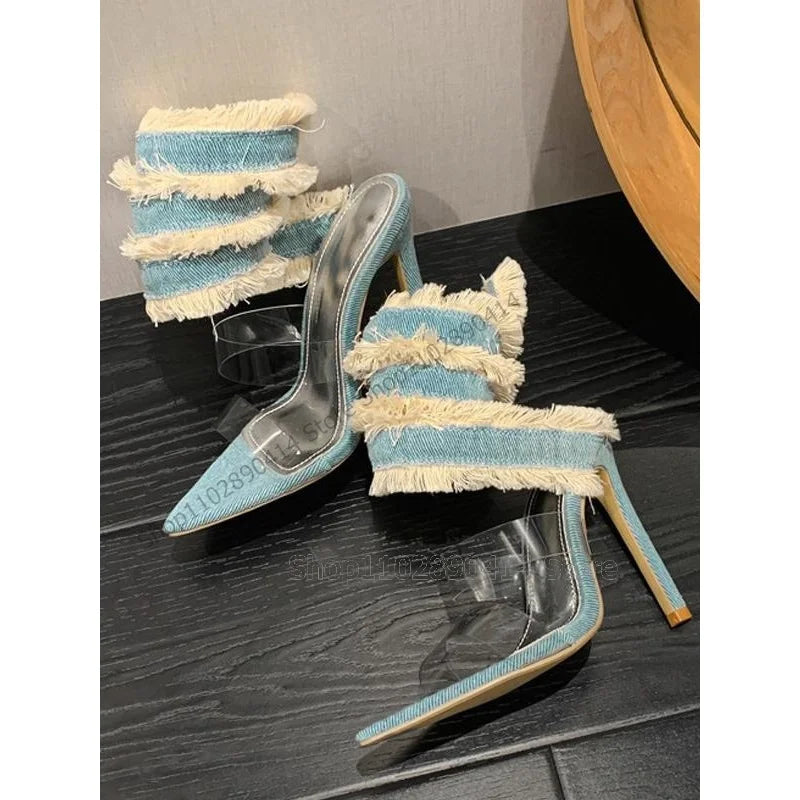 Blue Denim Ruffles PVC Open Toe Twine Sandals Slip On Women Shoes Thin High Heels Novel Fashion Party 2023 Zapatos Para Mujere