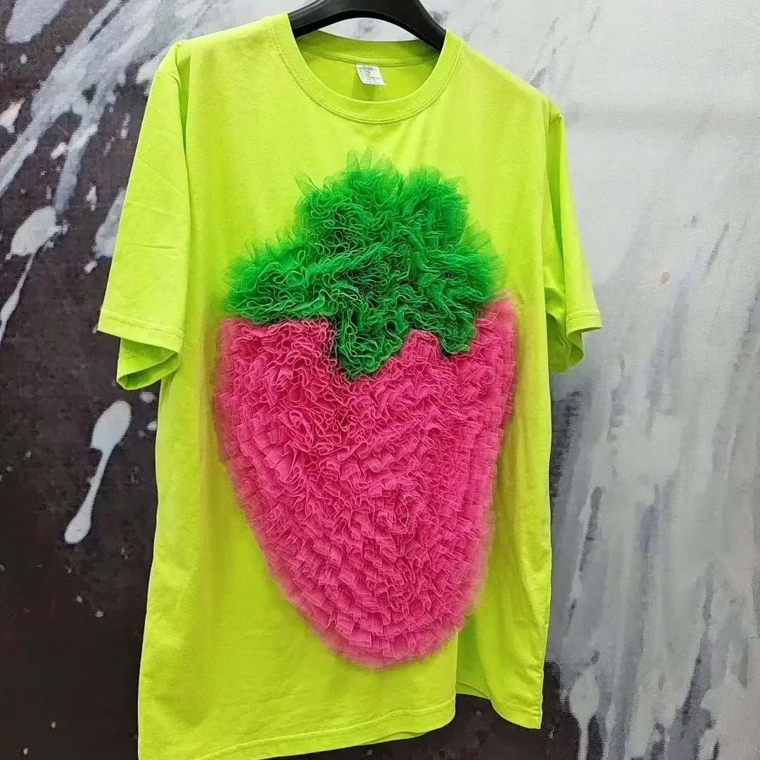 Chic Summer Woman Mesh Splicing Ruffles Strawberry Green T-Shirts Heart Shaped Gauze Ruched Short Sleeved Tees Jumpers Crop Tops