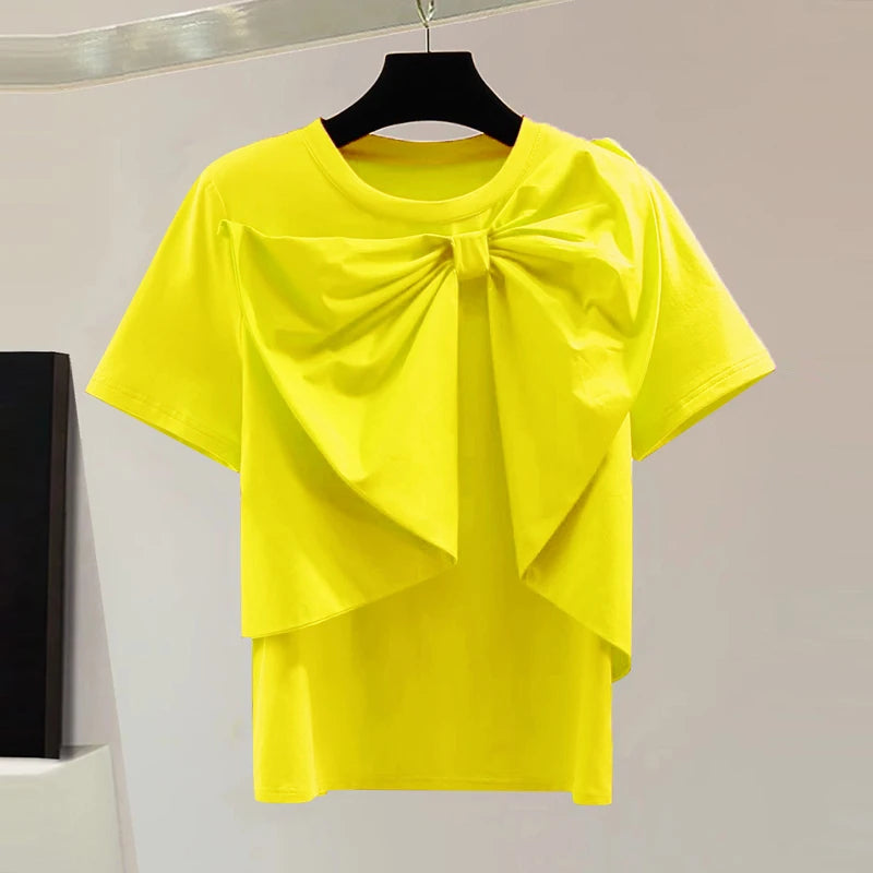 GALCAUR Solid Loose Minimalism T Shirts For Women Round Neck Short Sleeves Patchwork Bow Fashion Top Female Summer Clothing New