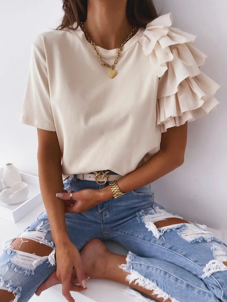 Elegant Mesh Ruffles Short Sleeves Loose T-Shirt Women's Casual O Neck Solid Basic Versatile Tops Chic Streetwear T-Shirt Blouse