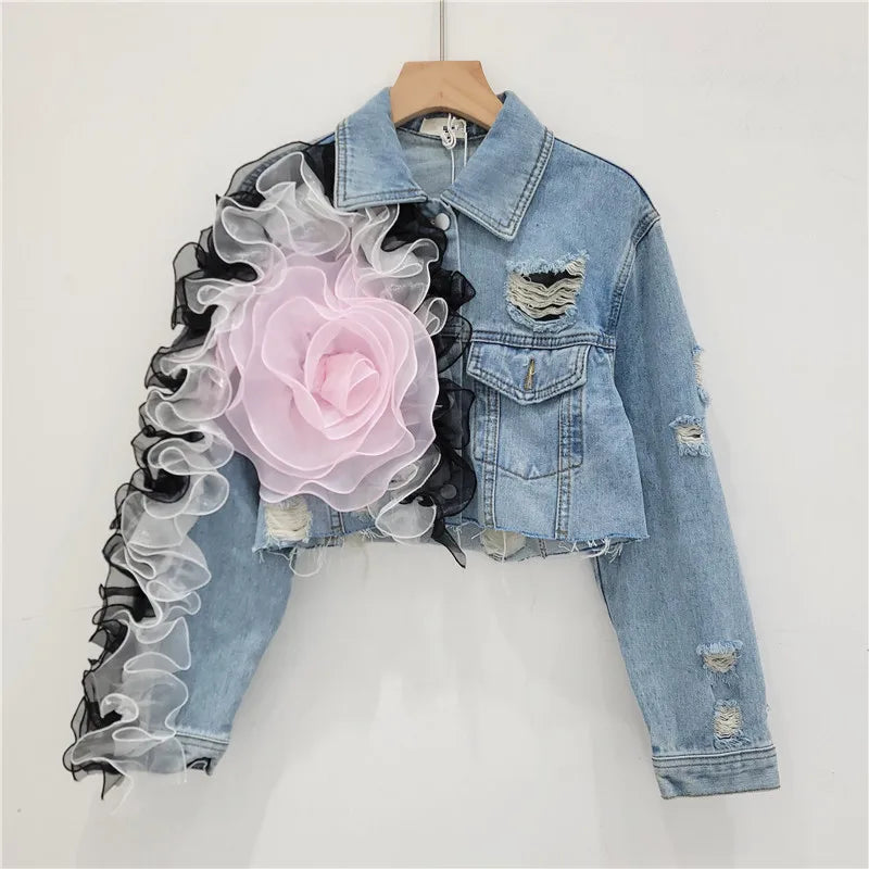 European Station 2025 New Heavy Industry Mesh Splicing Personality Hole Design Sense Short Loose Denim Jacket Fashion For Women