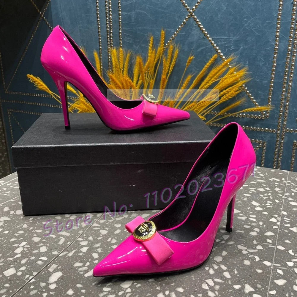 Pink Bow Pointy Stiletto Pumps Women Elegant Gold Buckle Decor Real Leather 10cm High Heels Shoes Ladies Stylish Newest Sandals