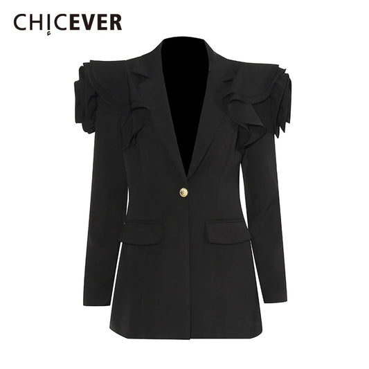 CHICEVER Solid Patchwork Ruffles Padded Blazers for Women Notched Collar Long Sleeve Spliced Button Temperament Coat Female New