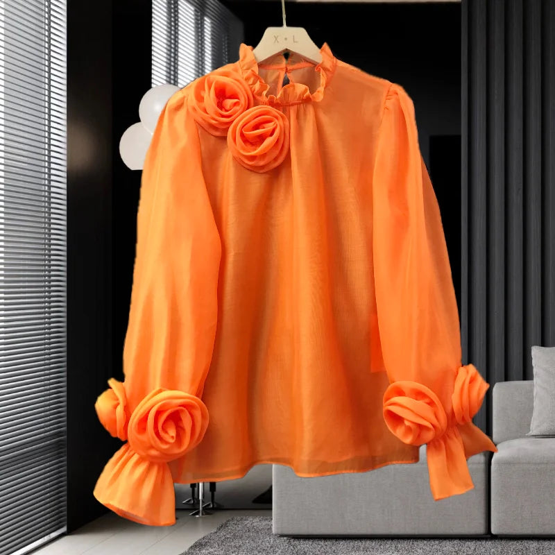 EWQ Three-dimensional Flower Stand Solid Color Chic Design Sweet Style And Youth Woman Blouses Spring Summer 2024 New 17G5206