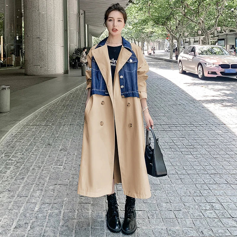 GALCAUR Colorblock Fashion Spliced Double Breasted Trench for Women Lapel Long Sleeve Patchwork Pockets Coat Female Clothing New