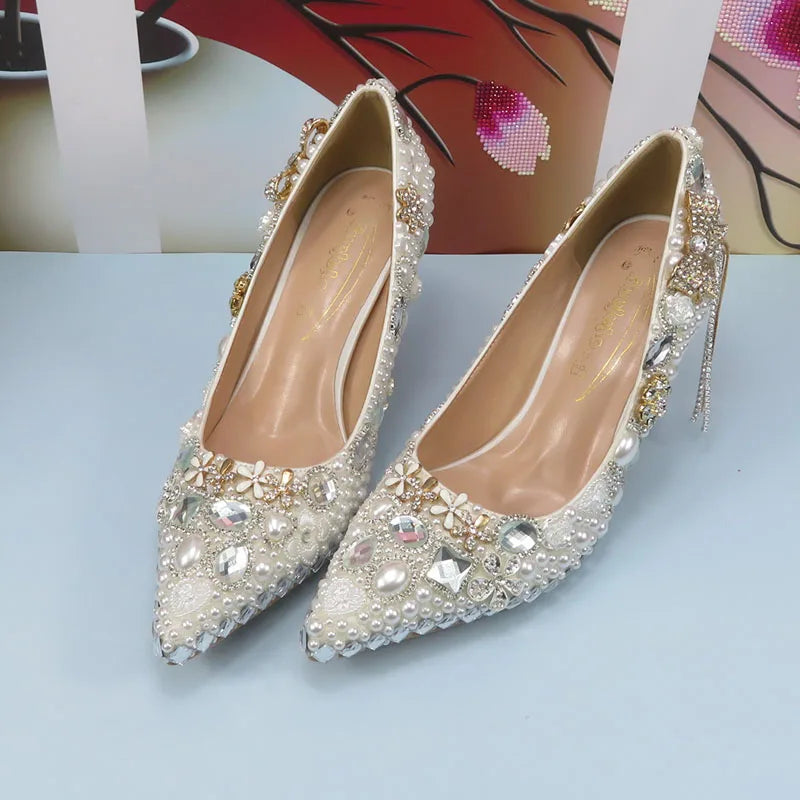 New Style Luxury cyrstal wedding shoes woman fashion Thin heel Lady  party dress shoes Pointed Toe High Pumps Pearl Handmade