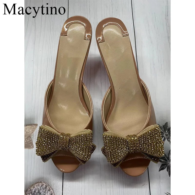 2024 Gemstone Rhinestone Bow Ladies High Heel Slippers round Toe Stiletto Fashion Party High Heel Slippers