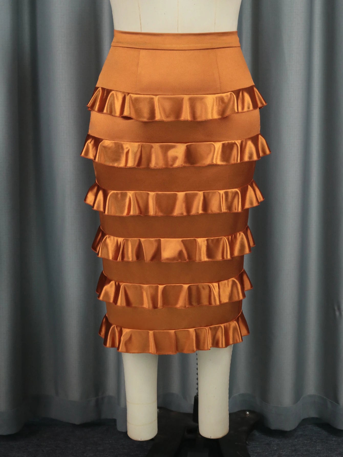 Brown Pencil Skirt for Women High Waist Ruffles Satin Offie Work Celebrity Birthday Dinner Occasion Large Size 4XL Skirts