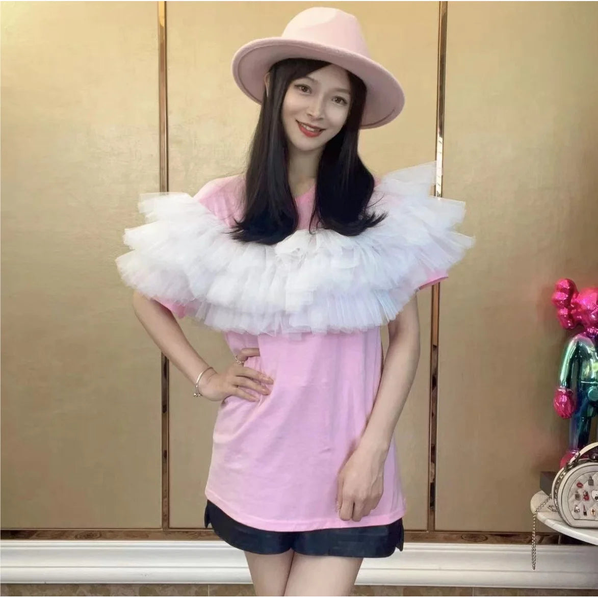 Summer Women Mesh Spliced Ruffles T-Shirts Dress Slim Mid Length Gauze Pleated Tees Jumpers Long O-Neck Contrast Color Crop Tops