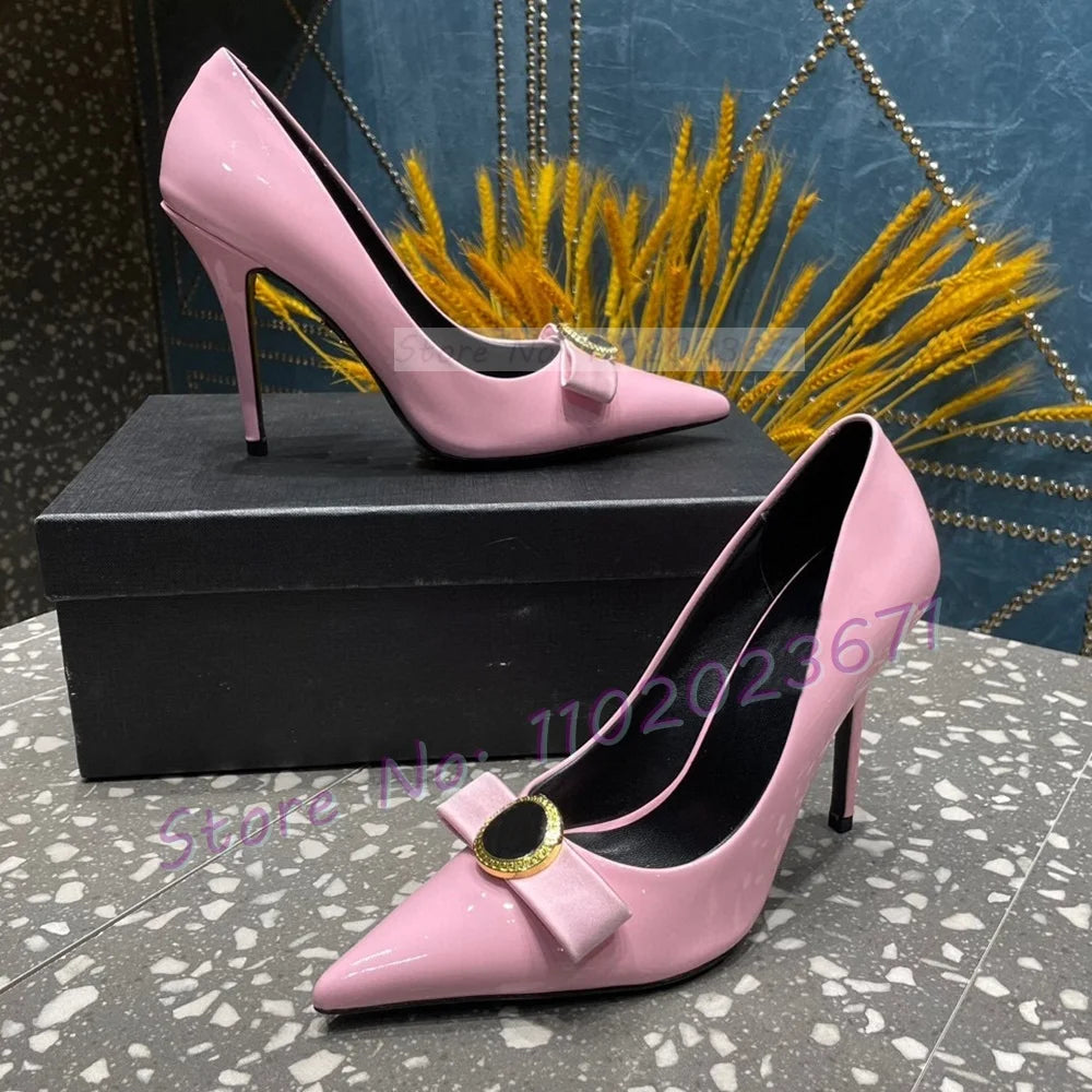 Pink Bow Pointy Stiletto Pumps Women Elegant Gold Buckle Decor Real Leather 10cm High Heels Shoes Ladies Stylish Newest Sandals