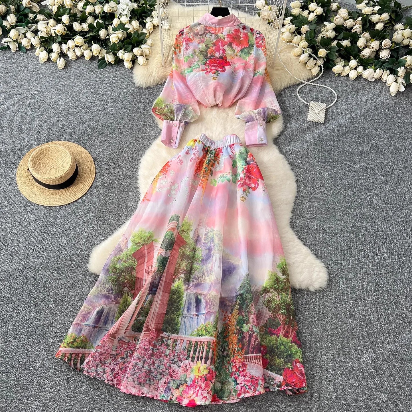 High Quality Women Summer Boho Floral Print Skirt Set Long Sleeve Blouse Top+High Waist Pleated Maxi Skirt Two Piece Suits