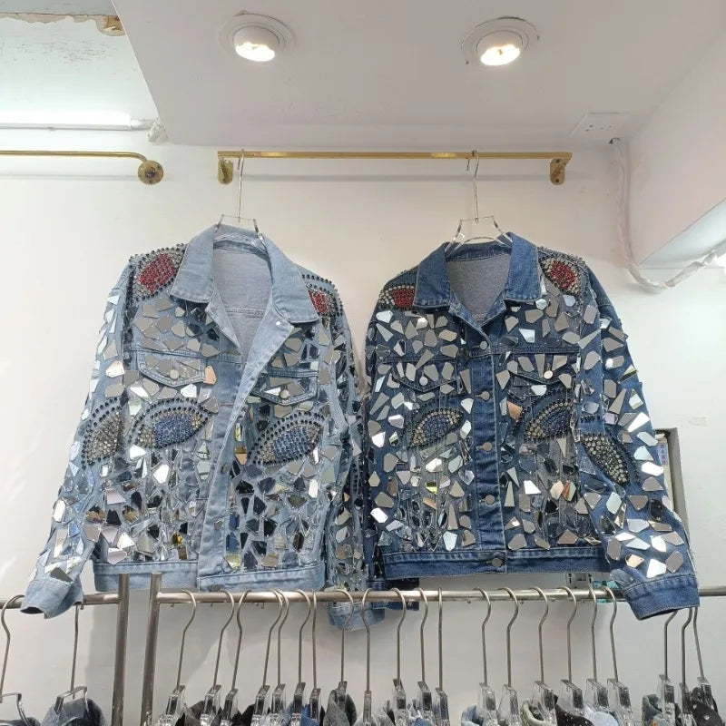 Premium Denim Jacket New Autumn Heavy Industry Sequins Handmade Diamond-encrusted Fashion Handsome Top Single-breasted Cool Coat