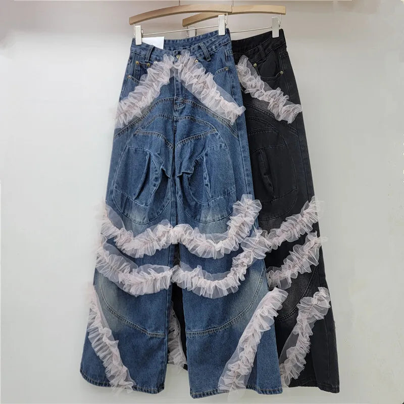 WTHT Vintage Fashion Women's Spliced Mesh Edge Wide Leg Jeans 2024 Winter High Waist Loose Denim Pants Female 1LS430