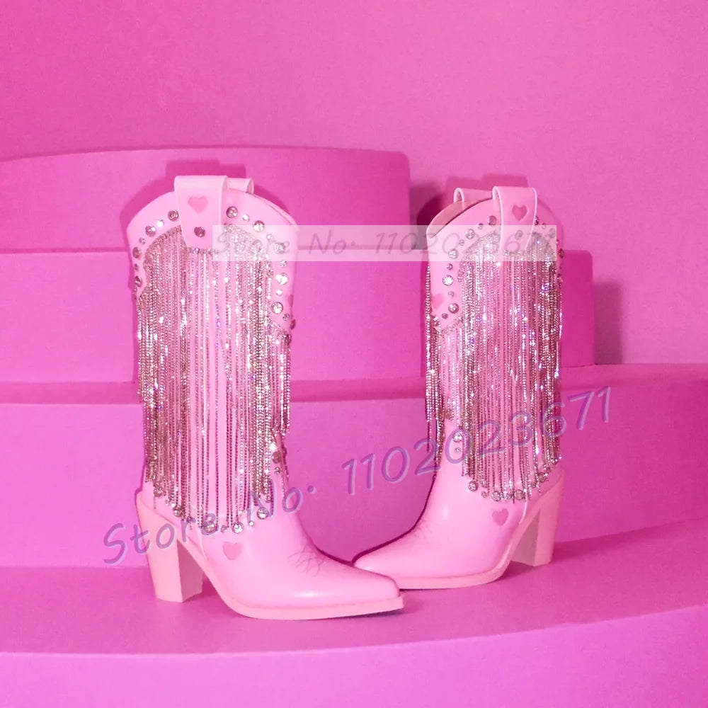 Diamond Fringes Pink Western Boots Women Sparkly Block High Heels Crystal Trim Shoes Ladies Winter Pointed Toe Knee High Boots