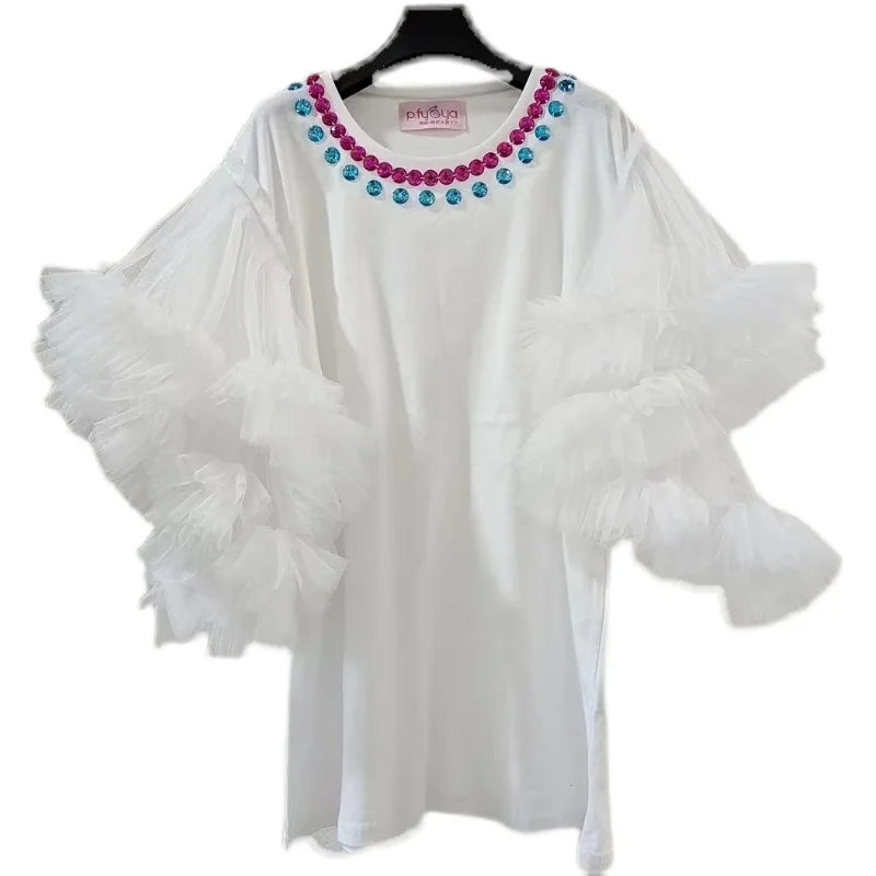 Woman Mesh Spliced Ruffles Flare Sleeve Rhinestone T-Shirts Gauze Patchwork Ruched Diamonds Beaded Tees Bat Sleeves Jumpers Tops