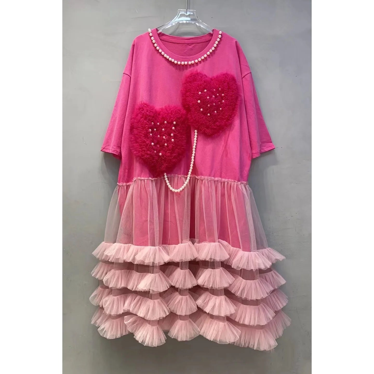 Chic Love Mesh Spliced Ruffles T-shirt Dress Pearls Beaded Chain Tassels Gauze Pleated Patchwork Tees Dress Jumpers Tops Vestido