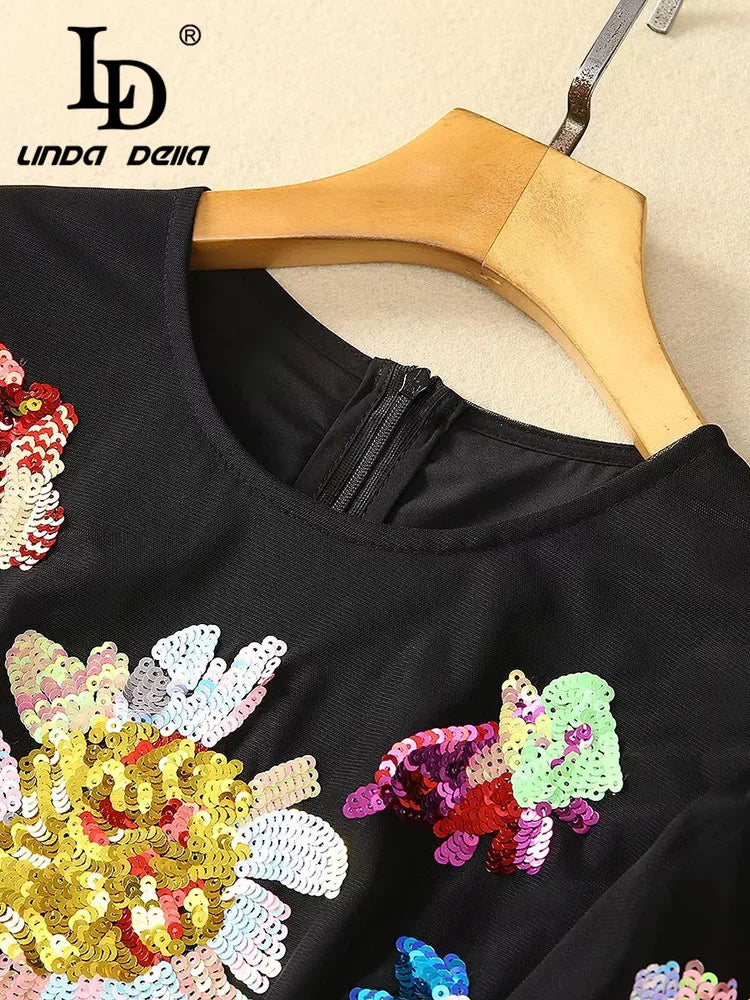 LD LINDA DELLA New 2024 Women Summer Fashion Runway Balck Party Dress Short Sleeve Flower Sequined Ladies Slim Long Dresses