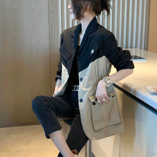 Fashion Splice Women's Suit Coat 2024 Spring Autumn The Waist Outerwear Female Casual Pocket Long Sleeve Blazers Jacket