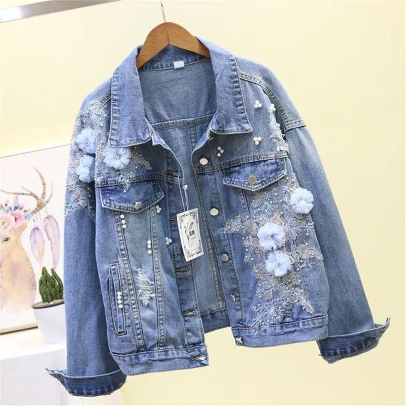 Fashion Women's Denim Jackets Korean Style Heavy Industry Embroidery Flower Hole Denim Coat Women Short Casual Jeans Jacket