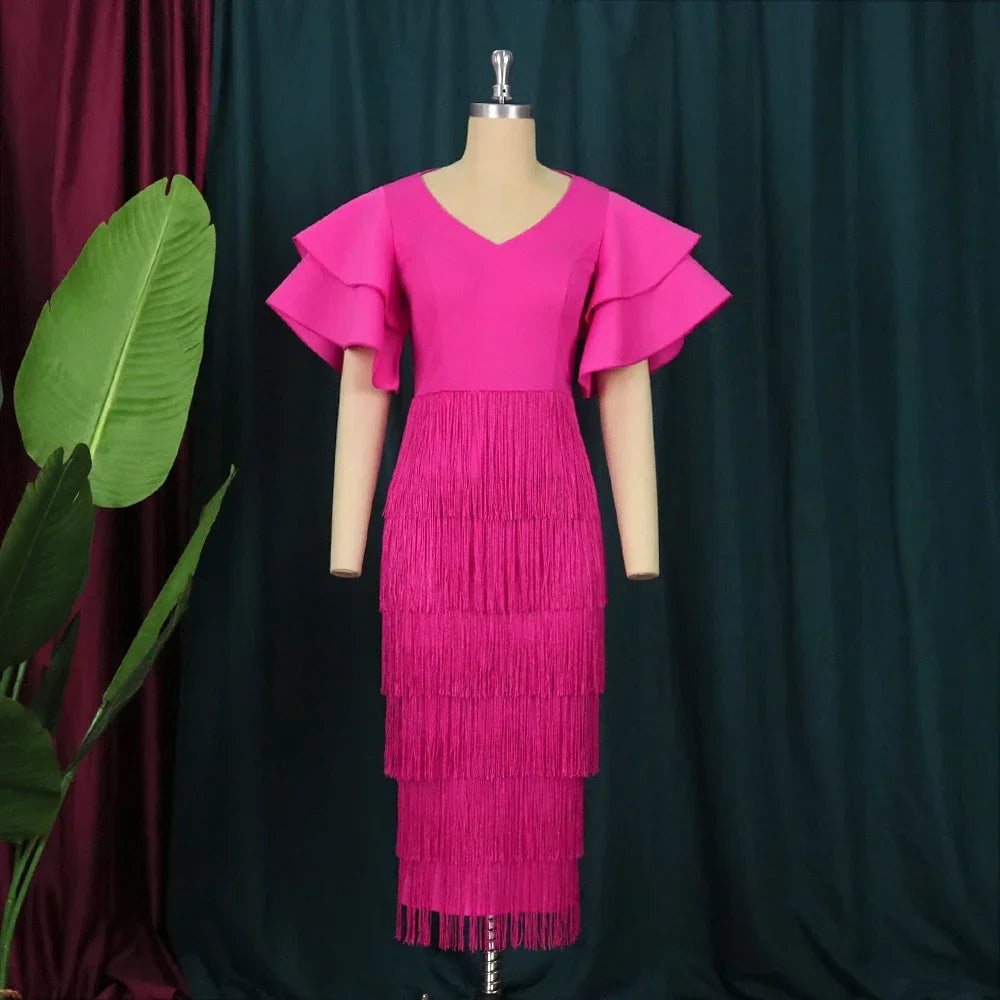 Aomei Fuchsia Tassel Party Dress For Women V Neck Ruffles Sleeve Fringe Bodycon Slim Evening Celebrate Prom Gowns Large Size 4XL