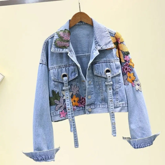 Women Jeans Jacket Feminine Spring Autumn Sequin Floral Embroidery Denim Jackets Coat Female Short Long Sleeve Outerwear Femme