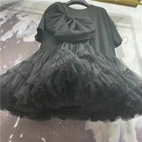 Original Design Dark Bow Cute Ball Gown Dress 2024 New Summer Short Sleeve T-shirt Elegant Mesh Splicing Mid-long Fairy Tops