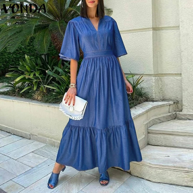 VONDA Autumn Elegant Shirt Dress 2023 Women Party Maxi Dresses Ladies Long Sleeve Solid Lapel Button Belted Elegant Long Vestido