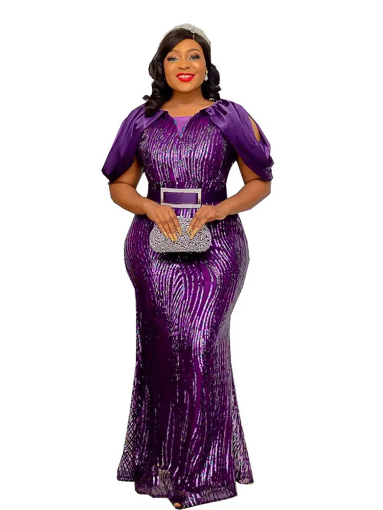 African Wedding Dresses For Women Ruffle Short Sleeve Party Long Sequin Dress Bodycon Pencil Curve Formal Ankara Evening Gowns