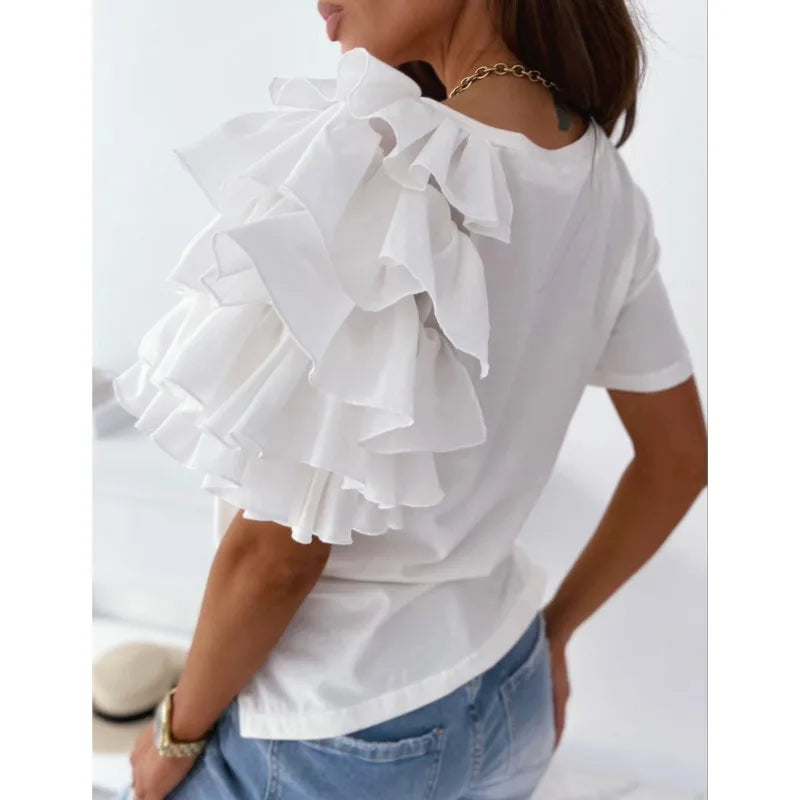 Elegant Mesh Ruffles Short Sleeves Loose T-Shirt Women's Casual O Neck Solid Basic Versatile Tops Chic Streetwear T-Shirt Blouse