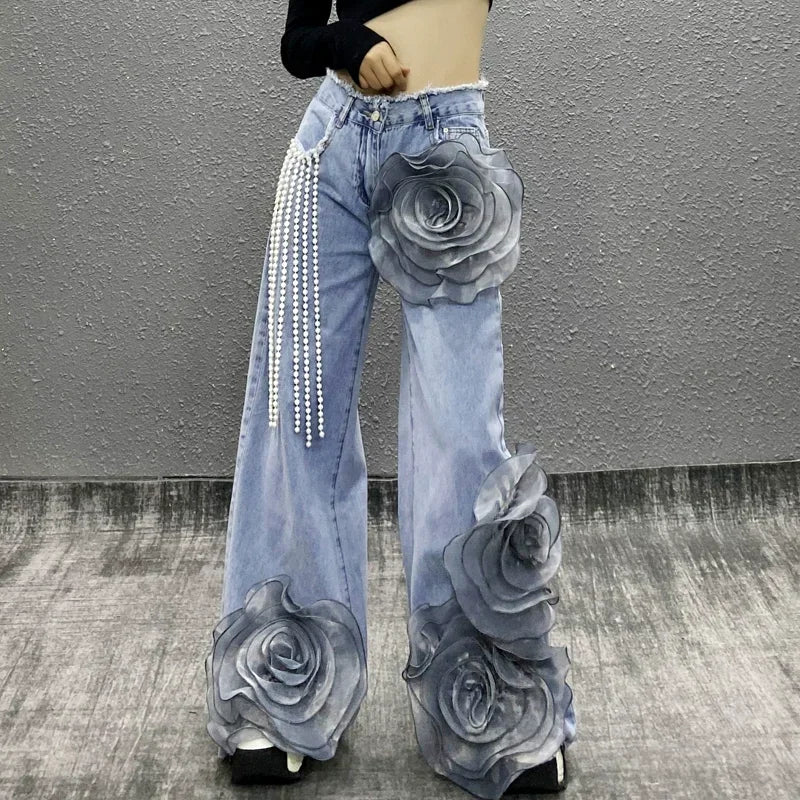 Woman 3D Mesh Flowers Spliced Beaded Fringed Jeans Straight Pearls Beaded Tassels Wide Legs Denim Pants Floral Cowboy Trousers