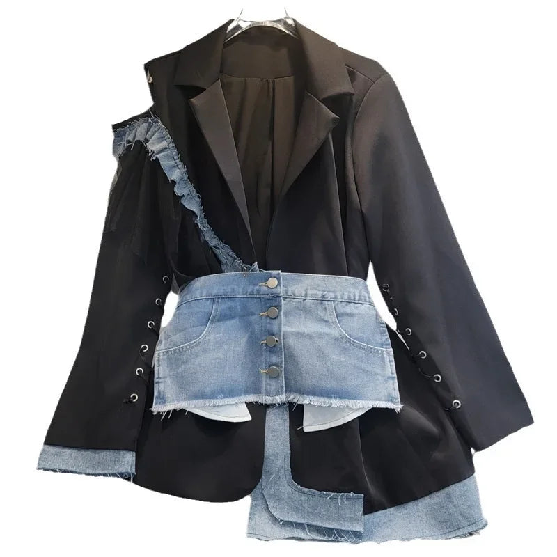 Women Irregular Hollow Out Spliced Lace Ruffles Suit Jacket Mesh Ruched Blazer Coat Cardigan Lace Up Sleeve Tops with Denim Belt