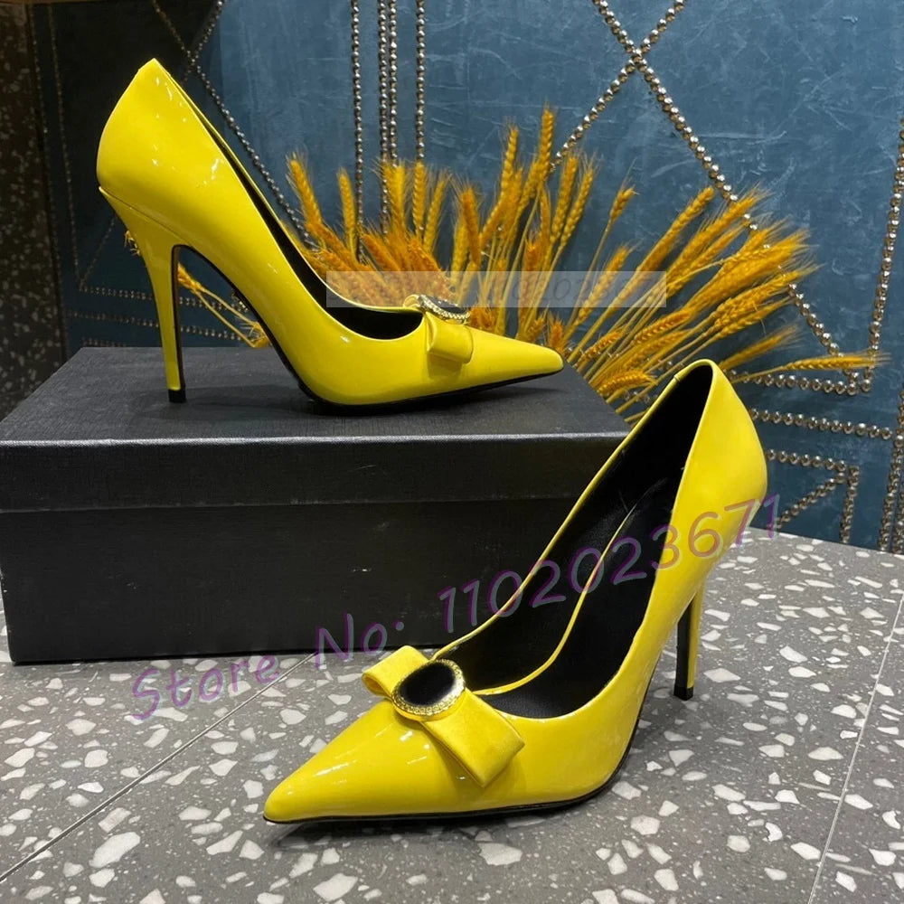 Pink Bow Pointy Stiletto Pumps Women Elegant Gold Buckle Decor Real Leather 10cm High Heels Shoes Ladies Stylish Newest Sandals