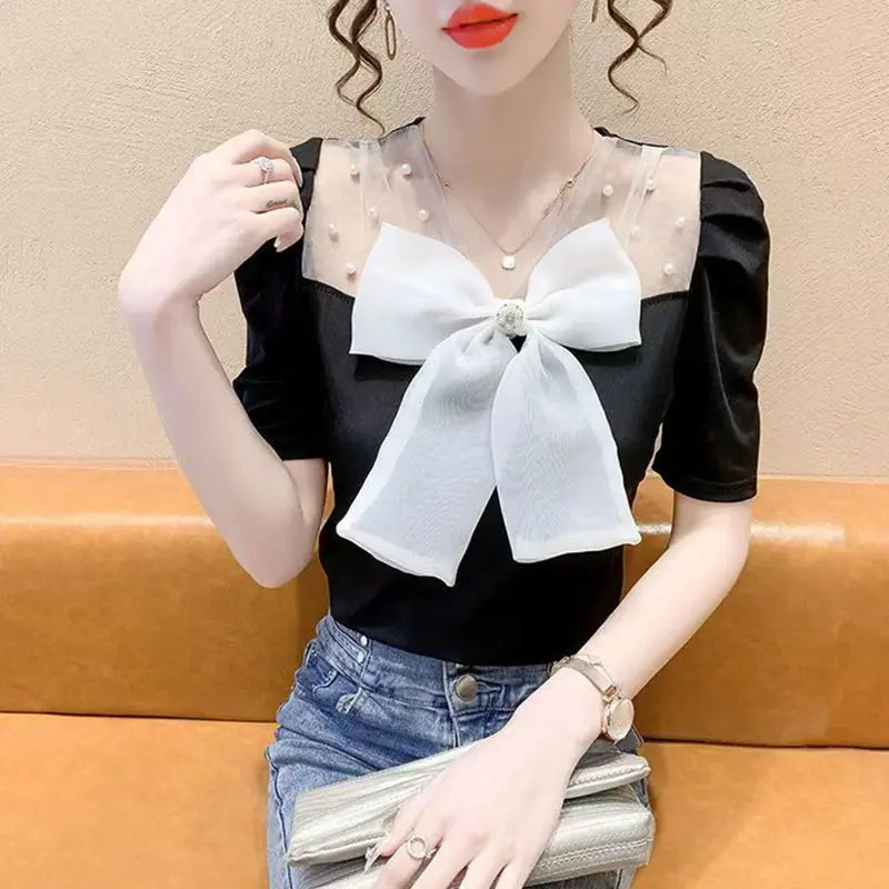 Sweet Summer Tees Women's T-shirt Fashion Beading Bow Splicing Mesh V-neck Short Sleeve Top Slimming Party T-shirt 2025 New