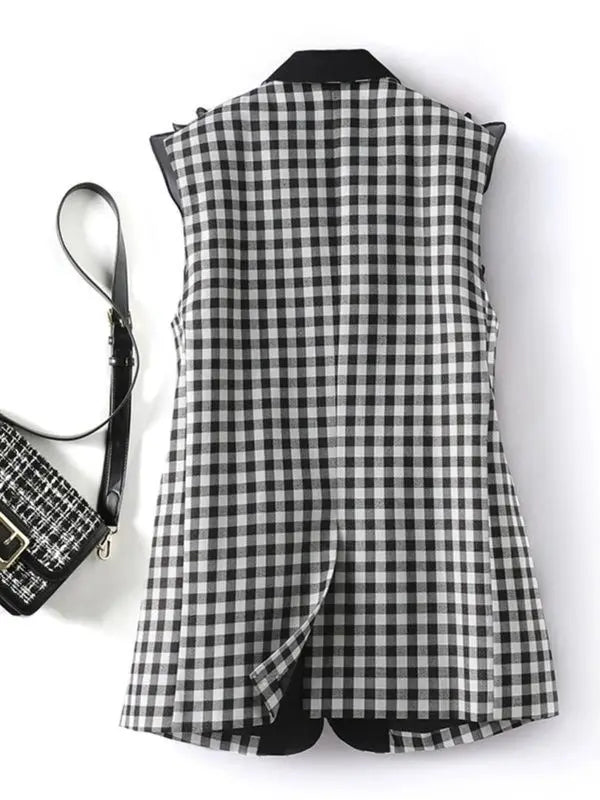 Spring Women Mesh Spliced Ruffles Checkered Waistcoat OL Palids Suit Vest Contrast Collar Sleeveless Cardigan Cardigan Tank Tops