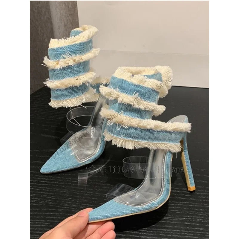 Blue Denim Ruffles PVC Open Toe Twine Sandals Slip On Women Shoes Thin High Heels Novel Fashion Party 2023 Zapatos Para Mujere