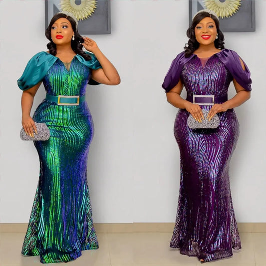 African Wedding Dresses For Women Ruffle Short Sleeve Party Long Sequin Dress Bodycon Pencil Curve Formal Ankara Evening Gowns