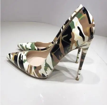 Black Green Brown Mixed Color Camouflage Patent Leather Pumps Sexy Women Pointed Toe 8 10 12 CM Stiletto Heels Dress Shoes