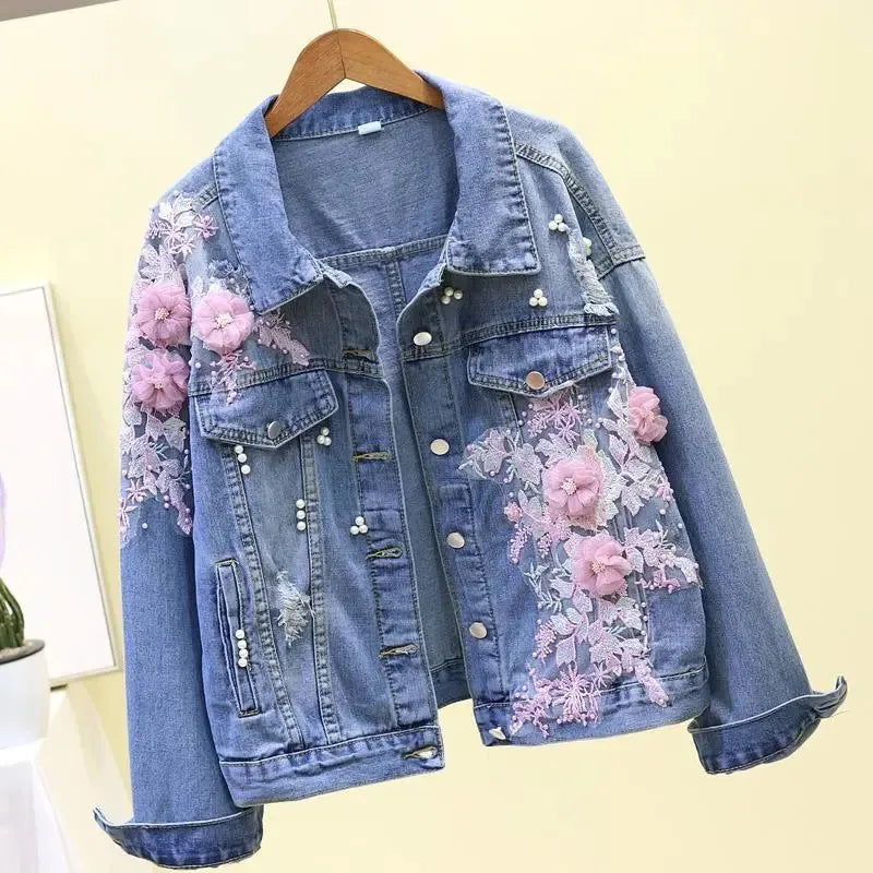 Fashion Women's Denim Jackets Korean Style Heavy Industry Embroidery Flower Hole Denim Coat Women Short Casual Jeans Jacket