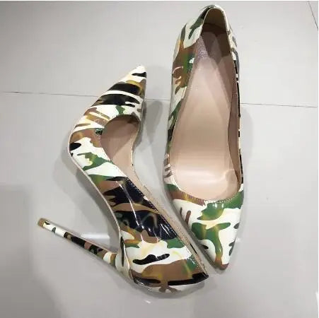 Black Green Brown Mixed Color Camouflage Patent Leather Pumps Sexy Women Pointed Toe 8 10 12 CM Stiletto Heels Dress Shoes